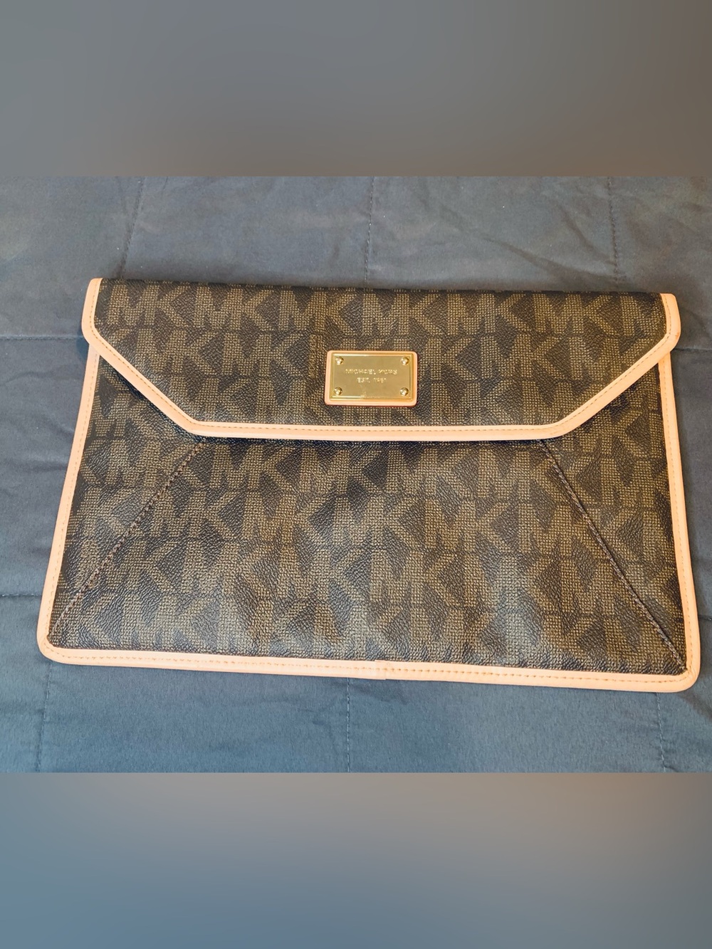 Michael Kors Brown MK Monogram Envelope Clutch with Pink Trim